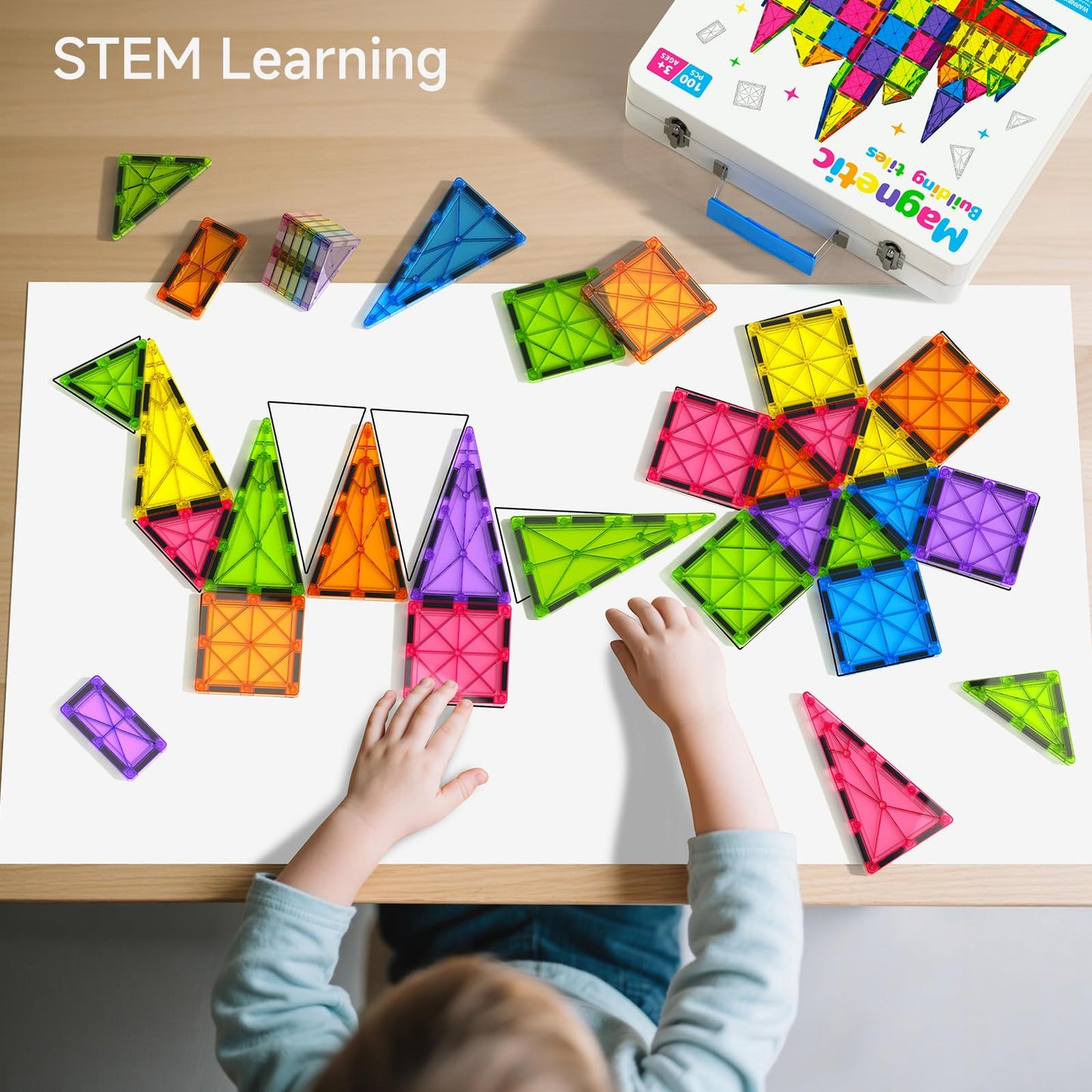 MEIQ 100-Piece Magnetic Tiles Set with Premium Case | STEM Building Blocks for Kids 3-8
