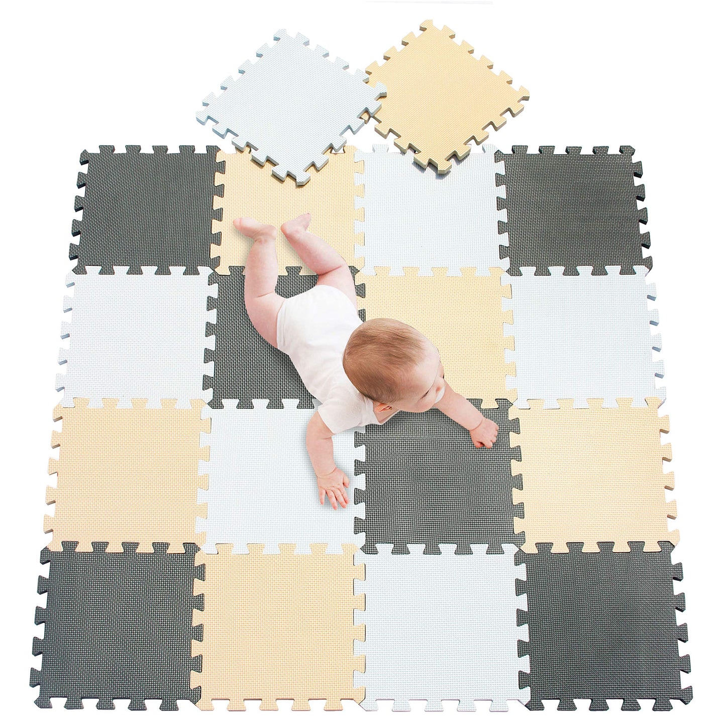 meiqicool Foam Play Mat – Thick Interlocking EVA Tiles, 18-Piece AJL (White/Beige/Grey)
