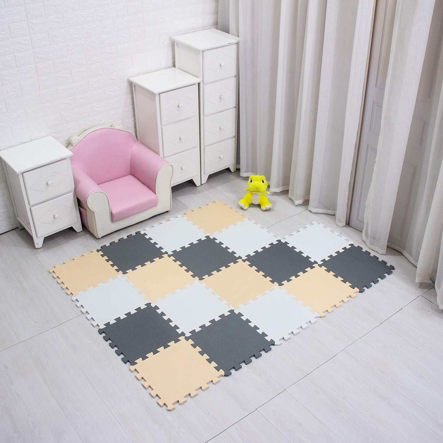 meiqicool Foam Play Mat – Thick Interlocking EVA Tiles, 18-Piece AJL (White/Beige/Grey)