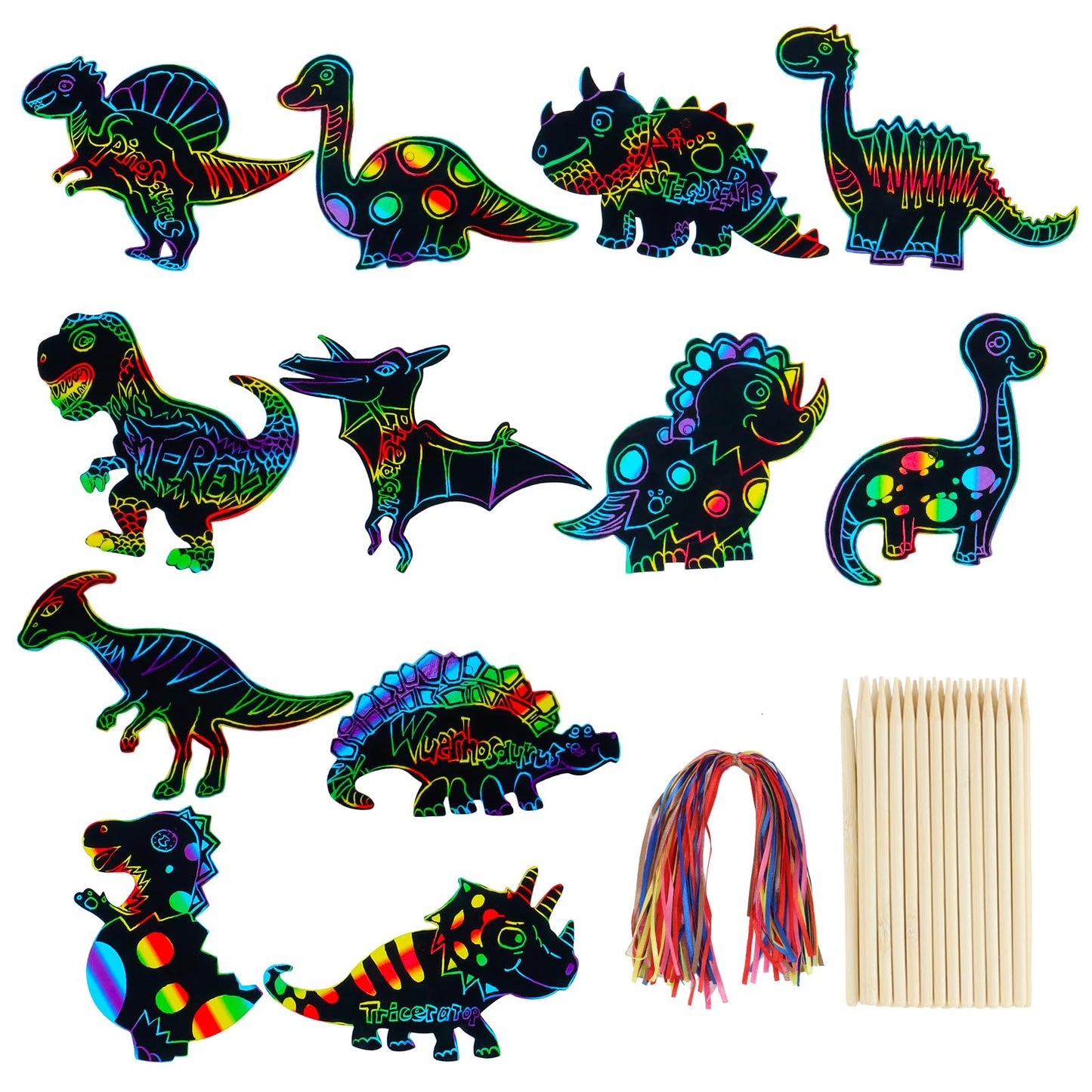 MEIVINES 60PCS 12-Style Rainbow Scratch Dinosaur Bookmarks Kit | DIY Art & Party Favors