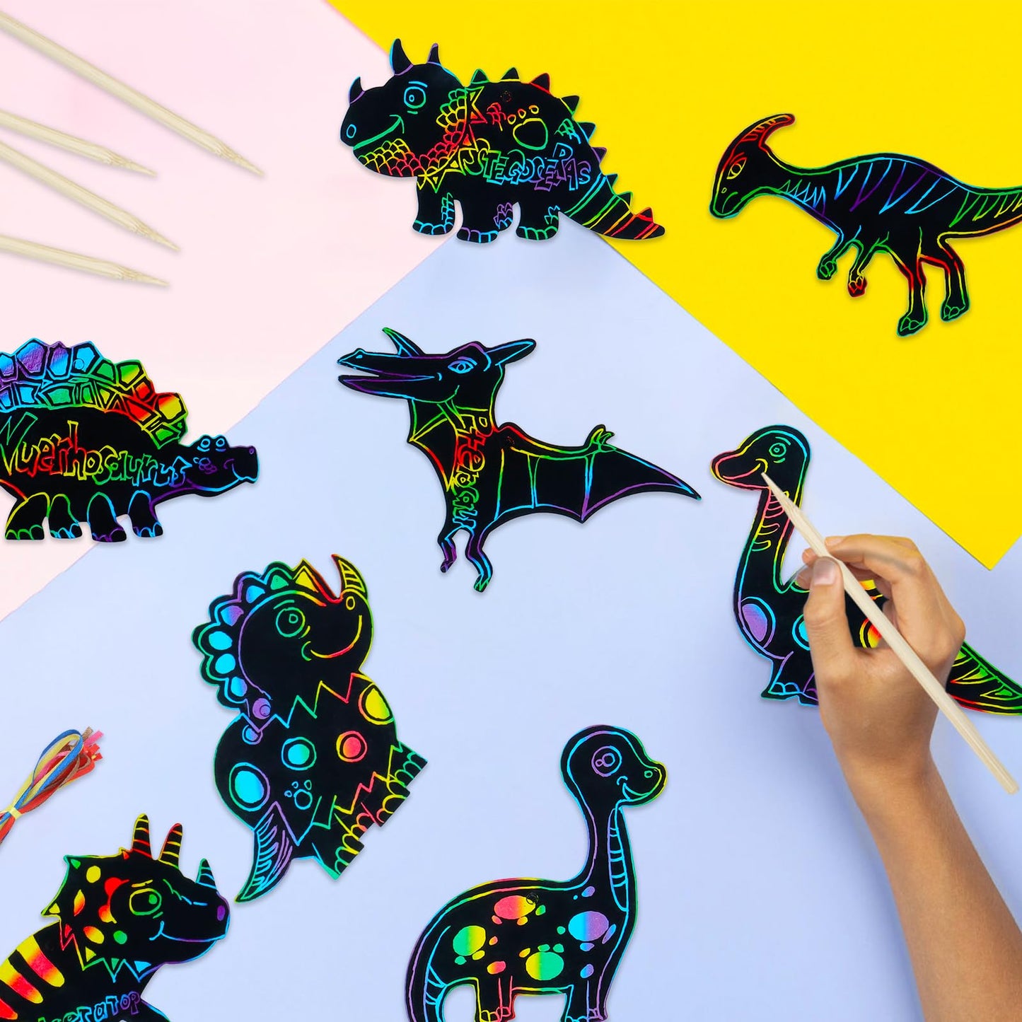 MEIVINES 60PCS 12-Style Rainbow Scratch Dinosaur Bookmarks Kit | DIY Art & Party Favors