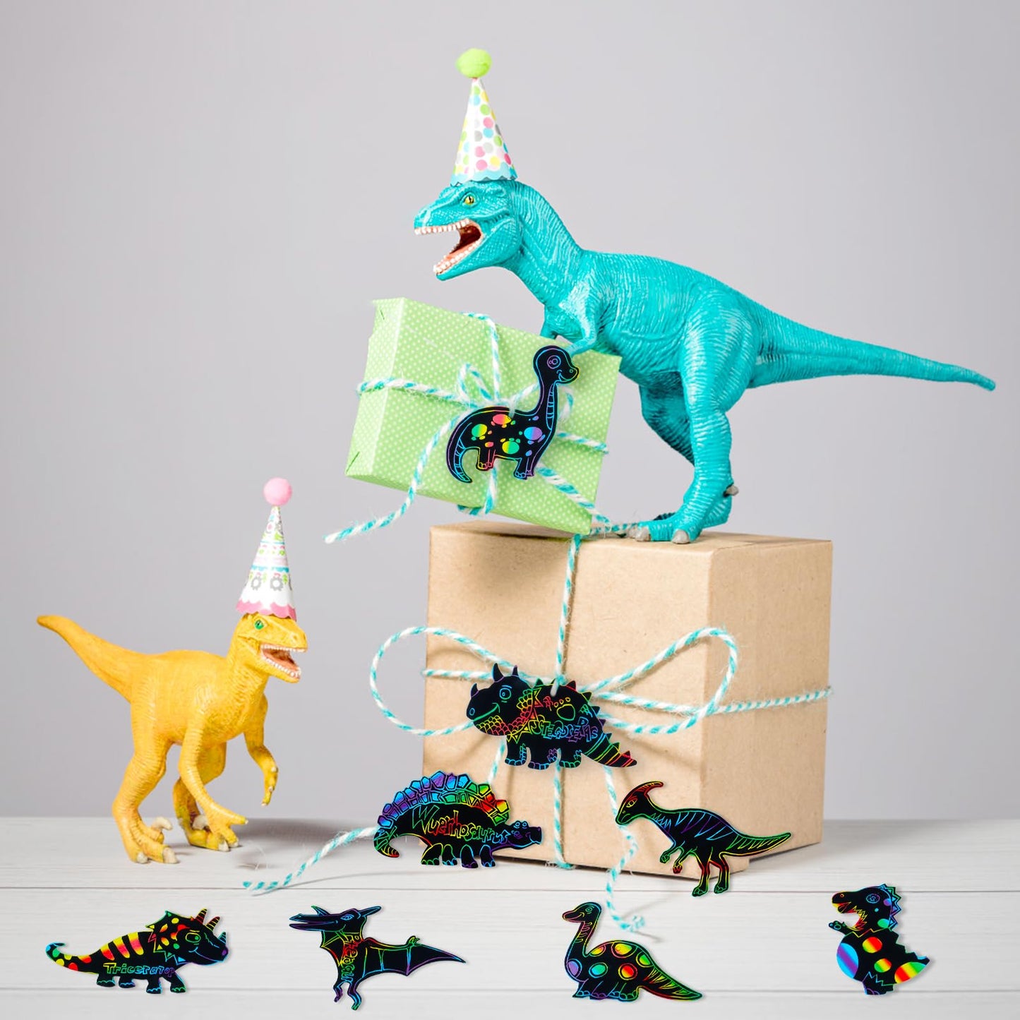 MEIVINES 60PCS 12-Style Rainbow Scratch Dinosaur Bookmarks Kit | DIY Art & Party Favors