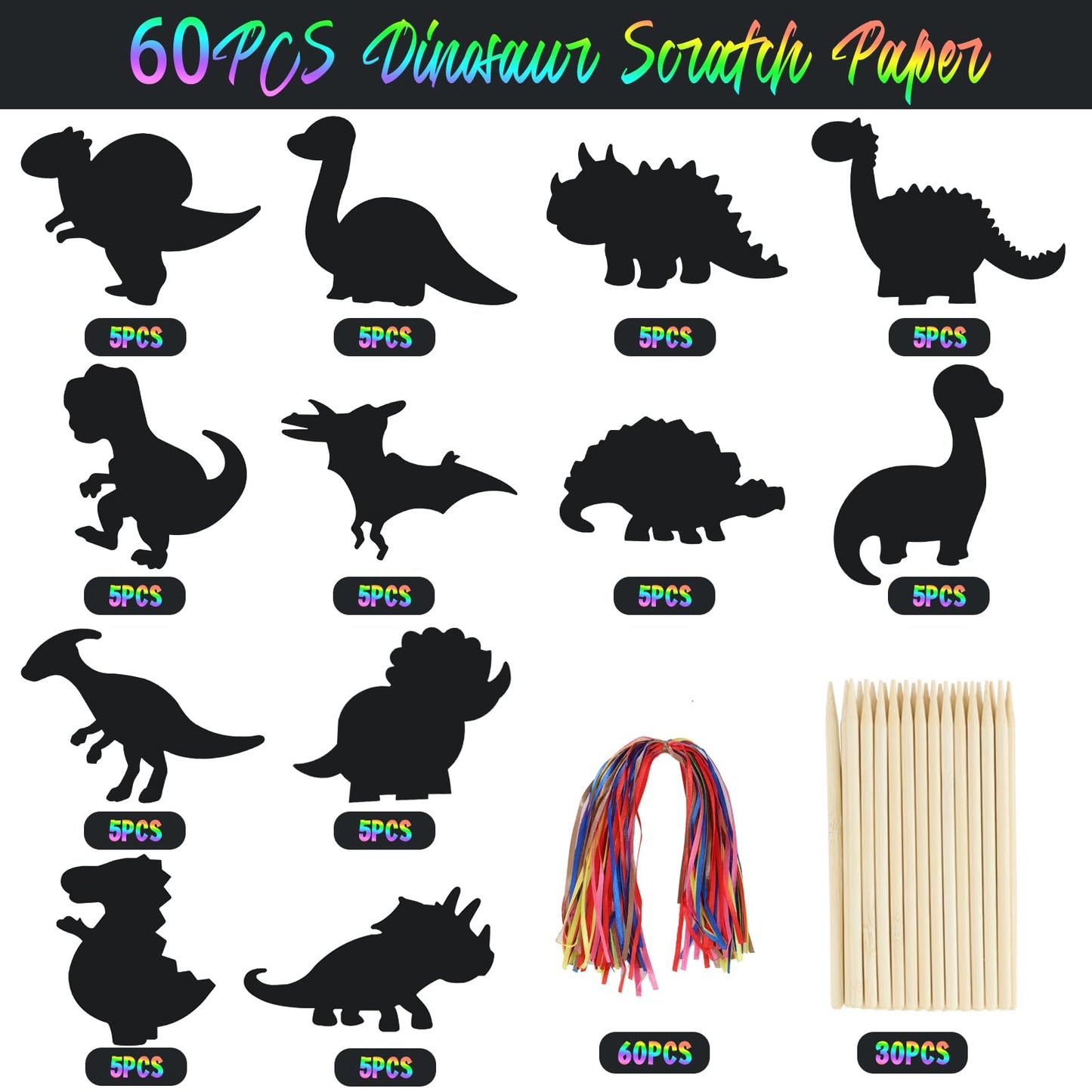 MEIVINES 60PCS 12-Style Rainbow Scratch Dinosaur Bookmarks Kit | DIY Art & Party Favors