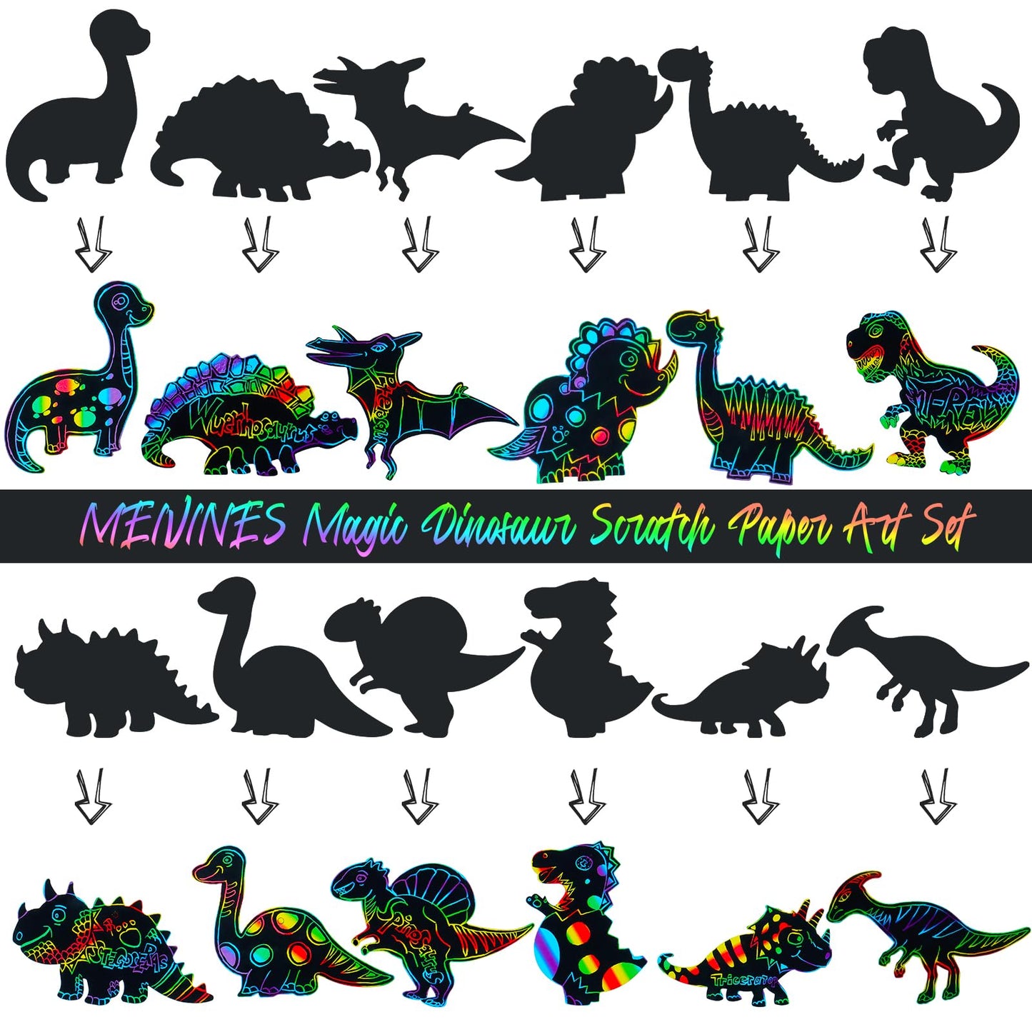 MEIVINES 60PCS 12-Style Rainbow Scratch Dinosaur Bookmarks Kit | DIY Art & Party Favors