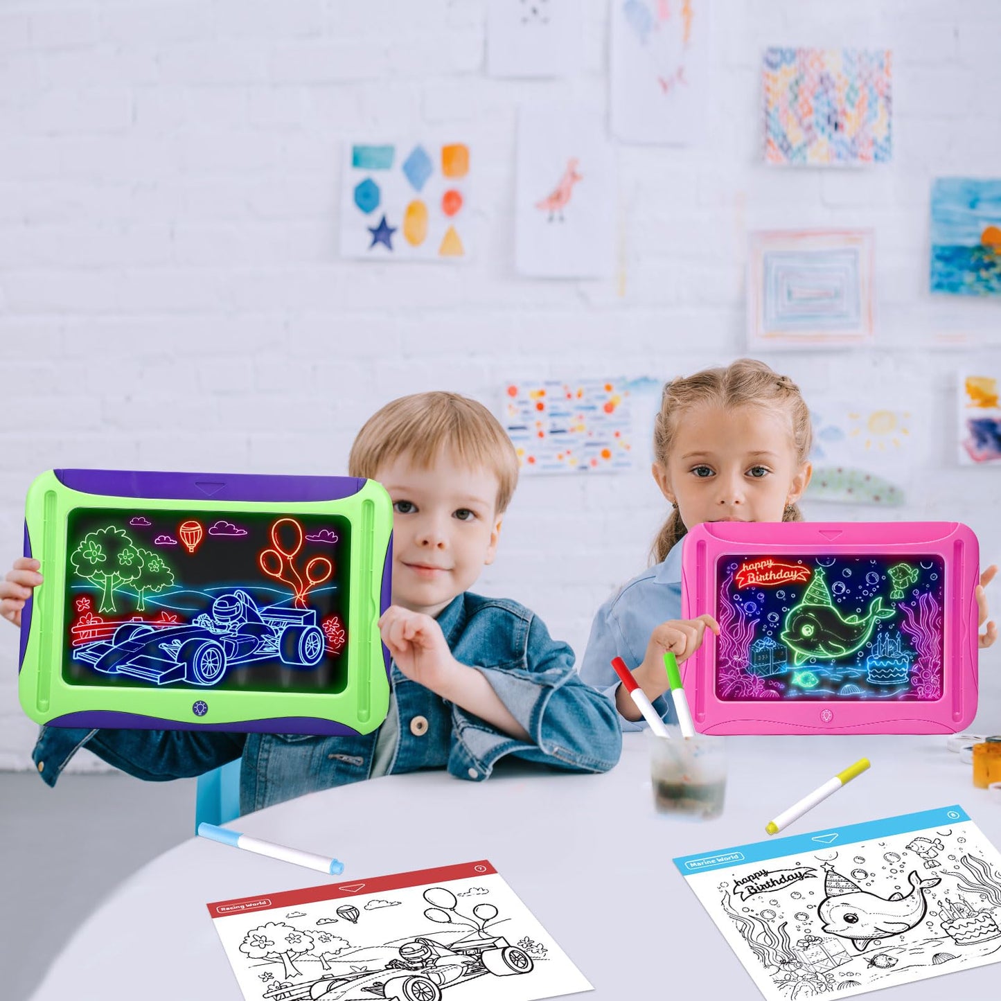 MEJCFARI LED Glow Drawing Board for Kids – Light Up Tracing Pad with 9 Cards & 6 Markers