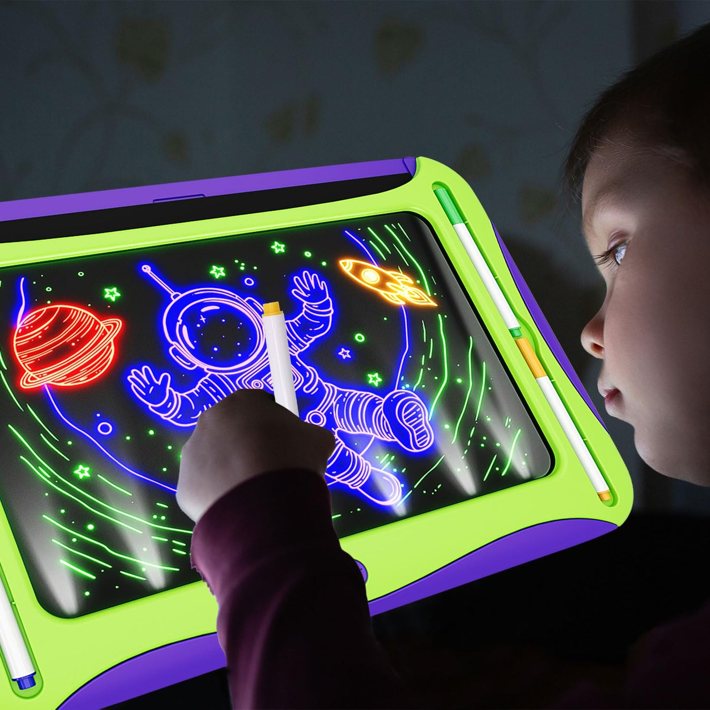 MEJCFARI LED Glow Drawing Board for Kids – Light Up Tracing Pad with 9 Cards & 6 Markers