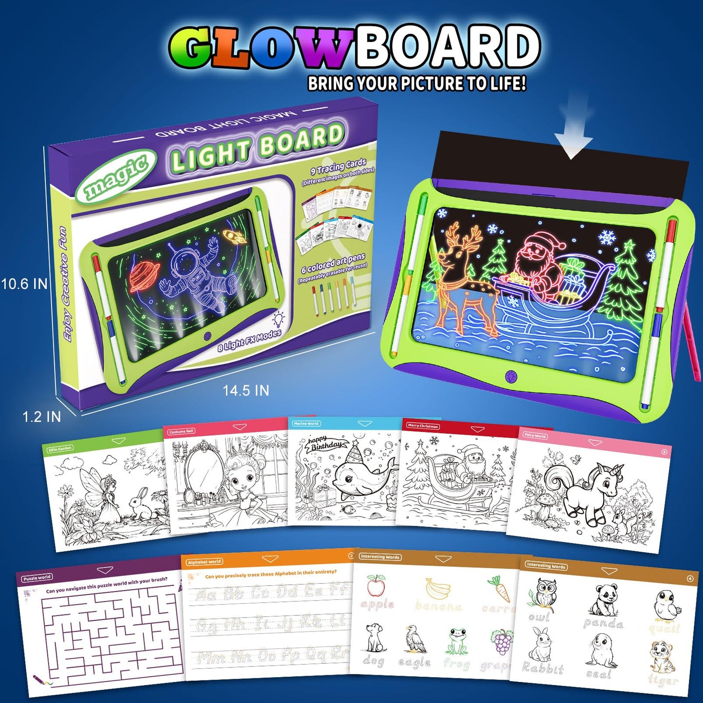 MEJCFARI LED Glow Drawing Board for Kids – Light Up Tracing Pad with 9 Cards & 6 Markers
