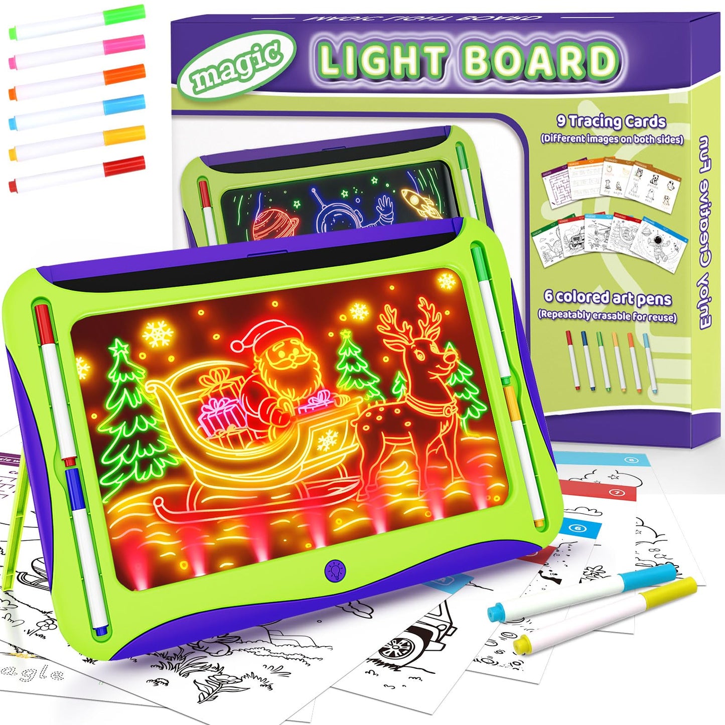 MEJCFARI LED Glow Drawing Board for Kids – Light Up Tracing Pad with 9 Cards & 6 Markers