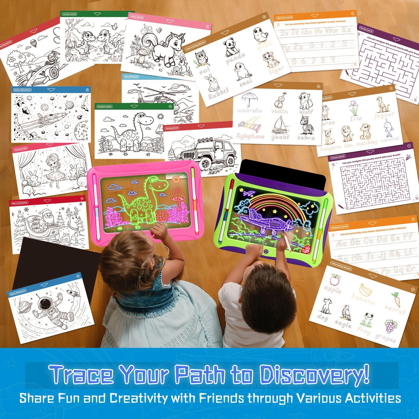 MEJCFARI LED Glow Drawing Board for Kids – Light Up Tracing Pad with 9 Cards & 6 Markers