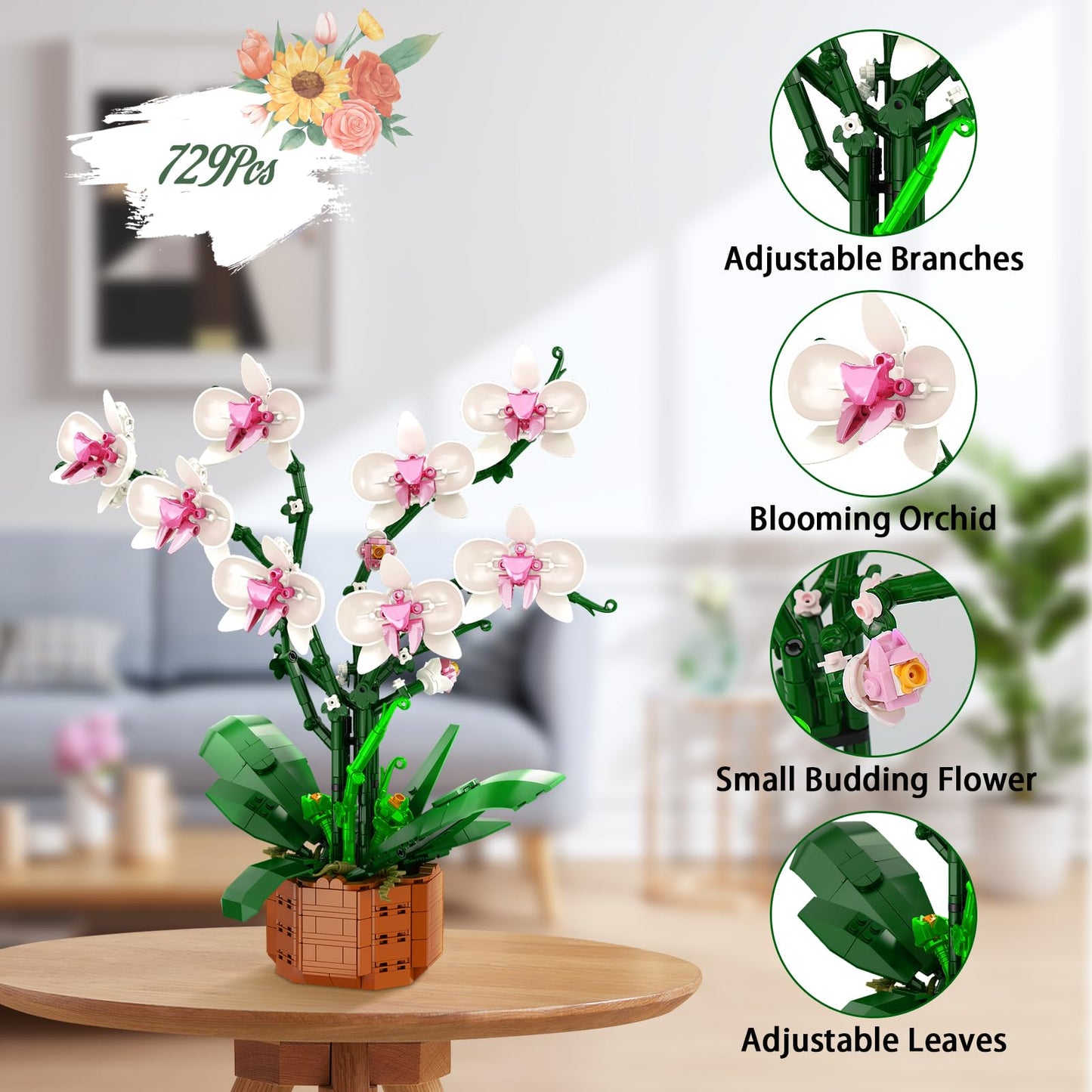MELAKIY 729-Piece Orchid Flowers Building Blocks Set – DIY Home Decor & Gift