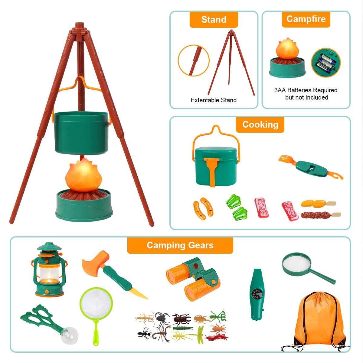 Meland Kids Camping Set with Tent - Indoor/Outdoor Pretend Play for Ages 3-6 (Green)