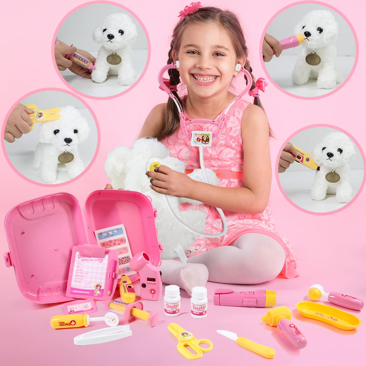 Meland Toy Doctor Kit for Girls | Pretend Play Doctor Set with Carrying Case, Stethoscope & Dress-Up Costume