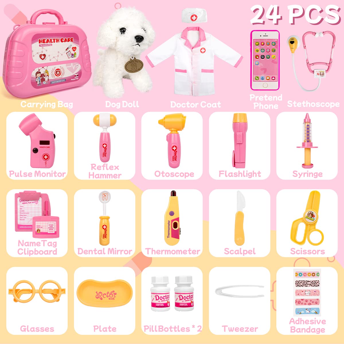 Meland Toy Doctor Kit for Girls | Pretend Play Doctor Set with Carrying Case, Stethoscope & Dress-Up Costume