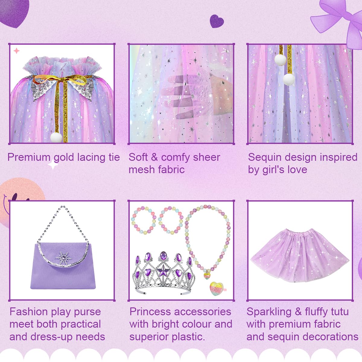 Meland Princess Dress Up Cape Set with Light Up Cape, Crown & Tutu | Girls Dress Up Toys 3-8