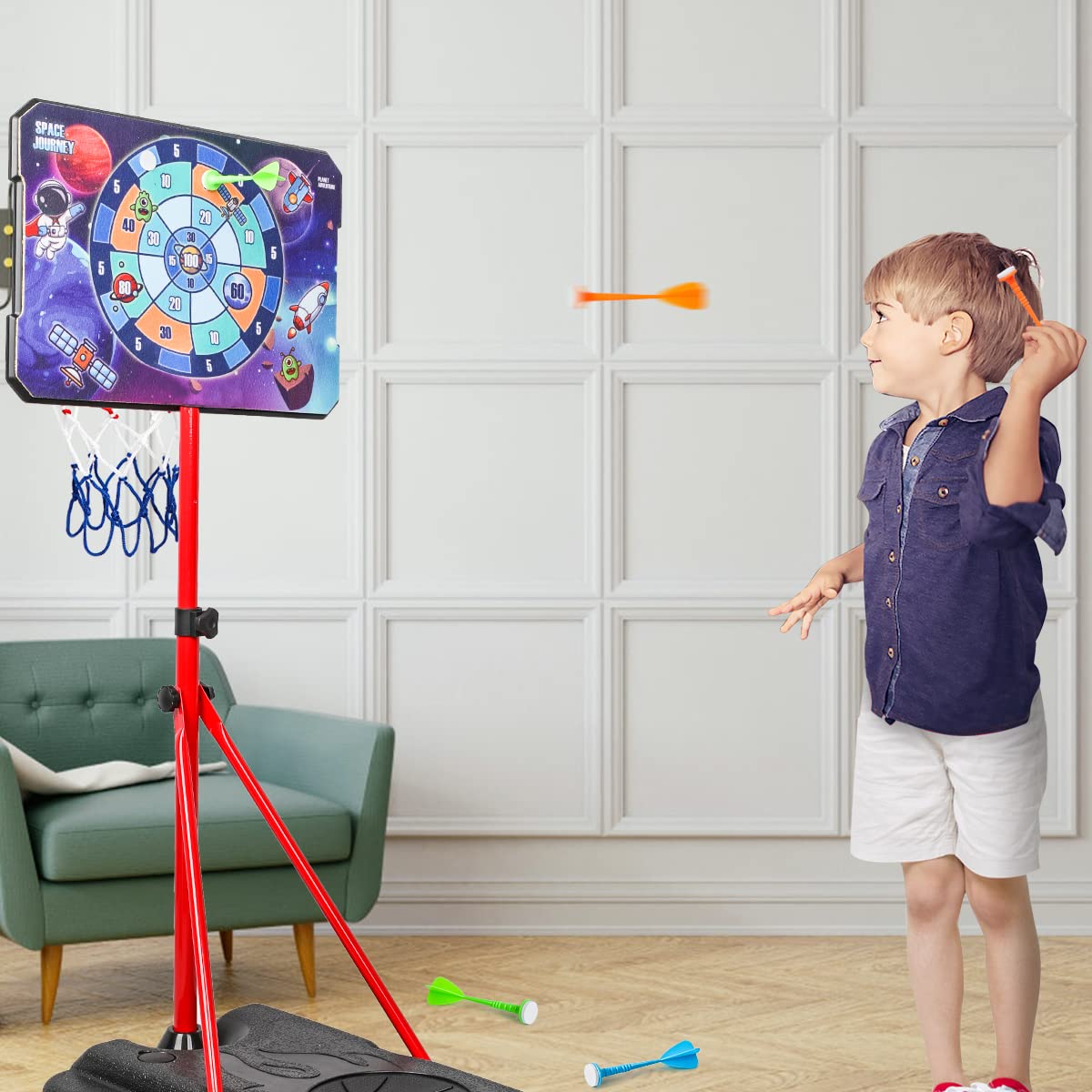 Meland Kids Basketball Hoop — Adjustable 2.9ft-6.2ft Indoor/Outdoor Toy & Dart Board Gift