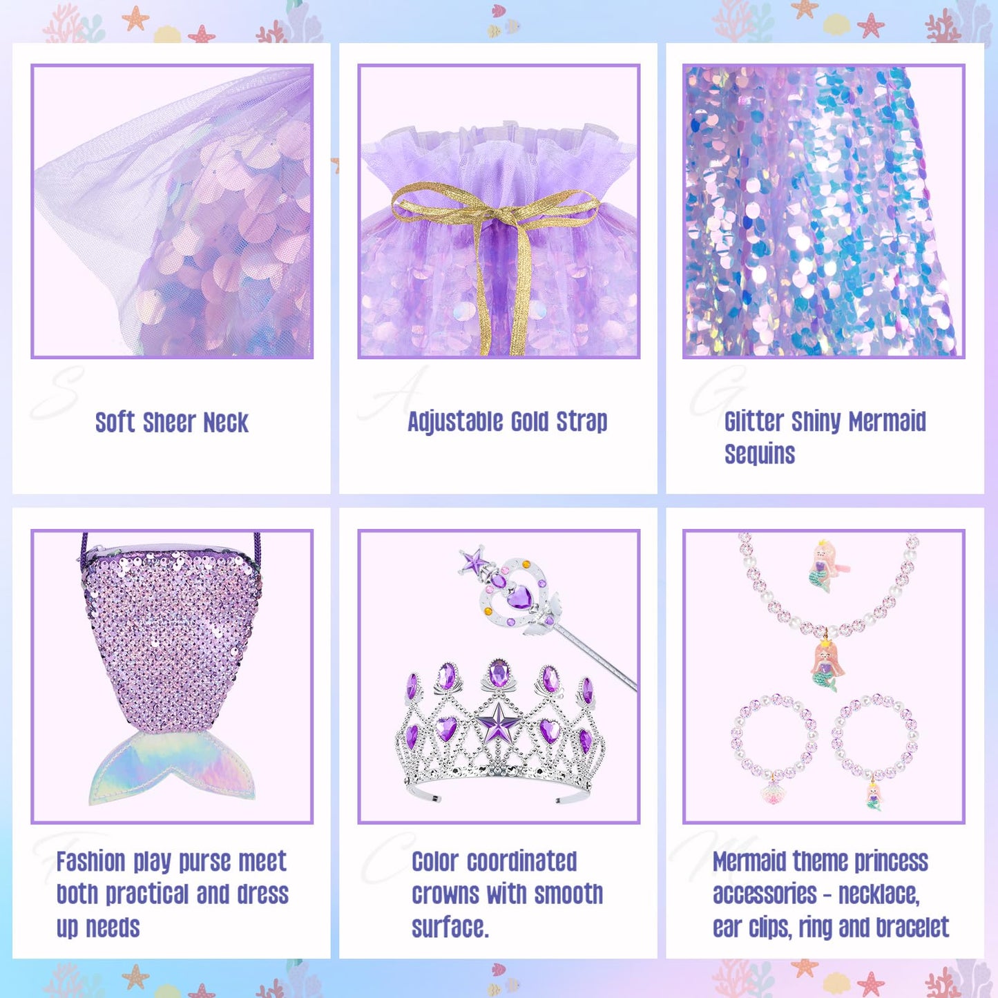 Meland Gift for Girls 3-8 | Mermaid Cape Dress-Up Set & Accessories
