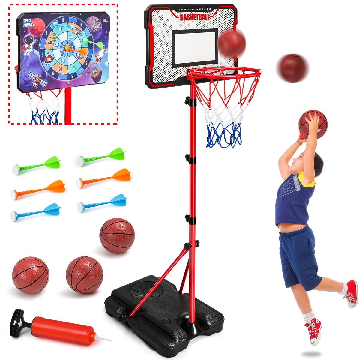 Meland Kids Basketball Hoop — Adjustable 2.9ft-6.2ft Indoor/Outdoor Toy & Dart Board Gift