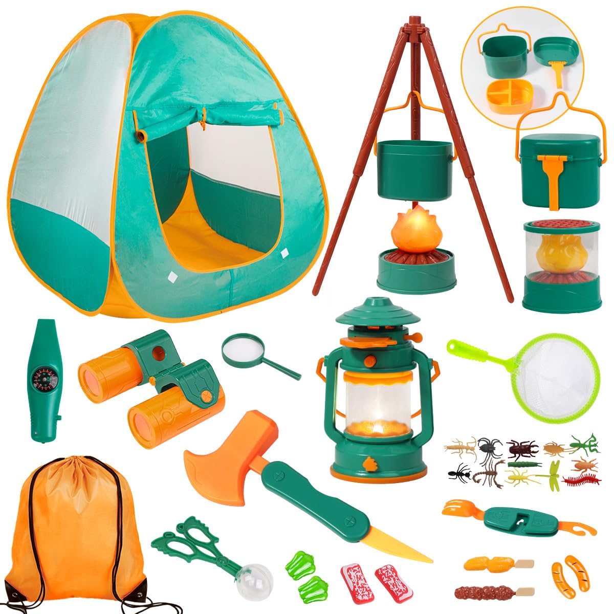 Meland Kids Camping Set with Tent - Indoor/Outdoor Pretend Play for Ages 3-6 (Green)