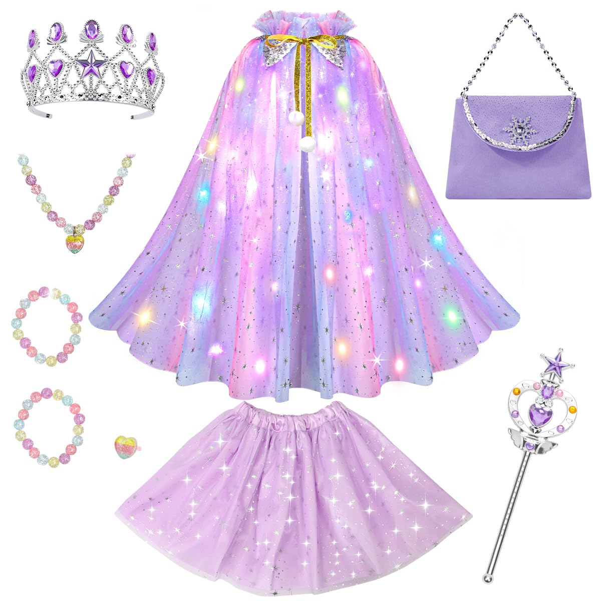 Meland Princess Dress Up Cape Set with Light Up Cape, Crown & Tutu | Girls Dress Up Toys 3-8