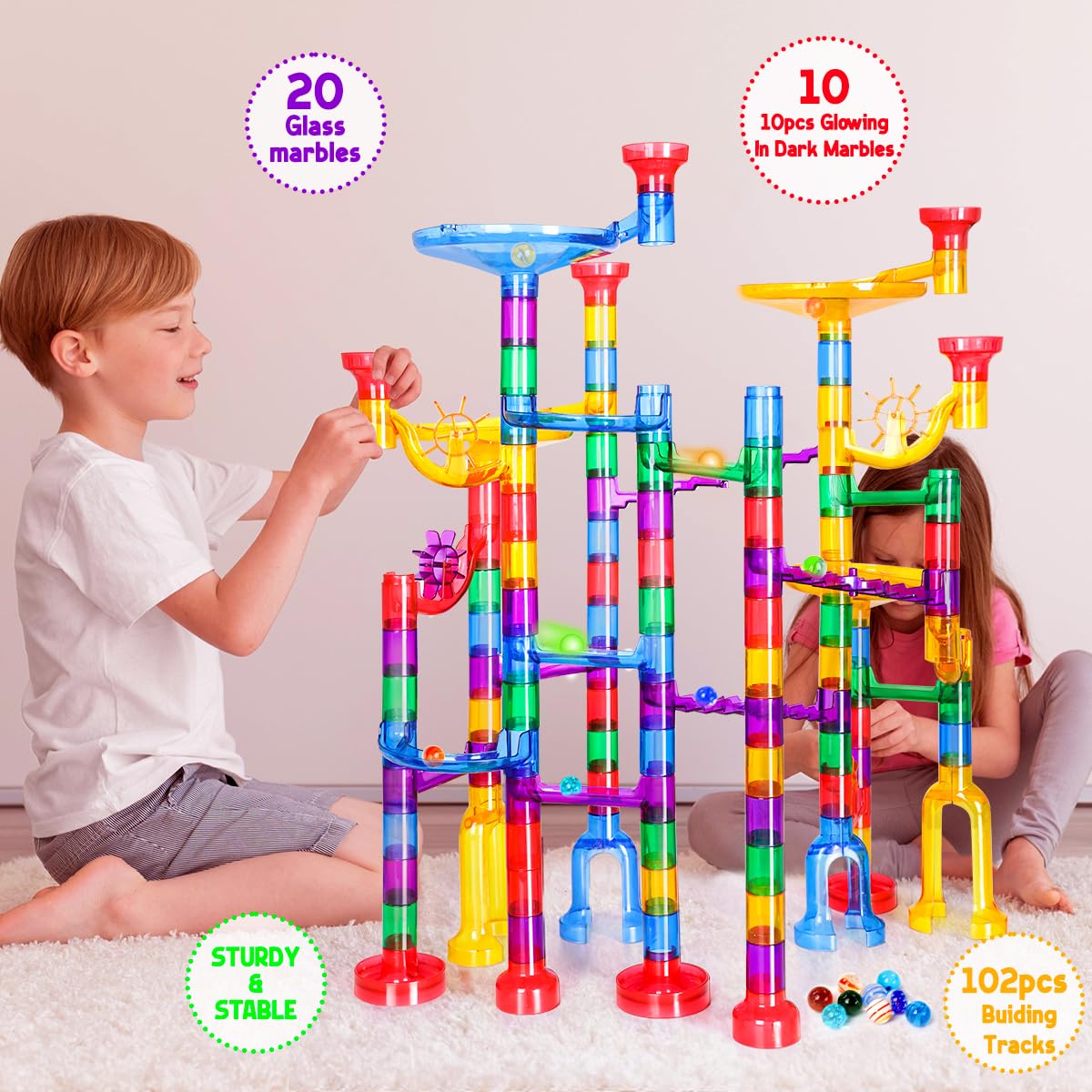 Meland Marble Run - 132 Pcs Marble Maze Kit for Kids 3-12 | Glow & Translucent Pieces
