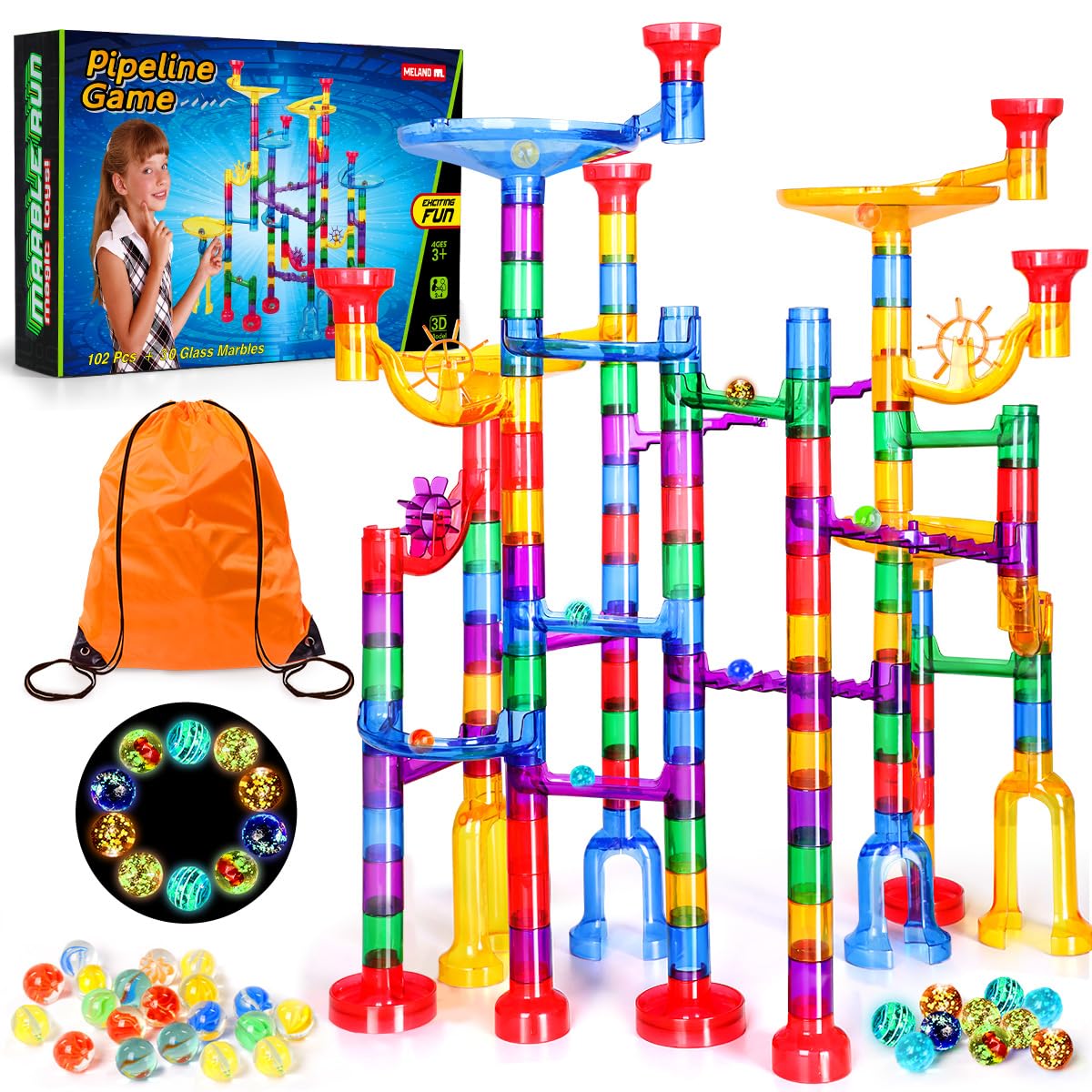 Meland Marble Run - 132 Pcs Marble Maze Kit for Kids 3-12 | Glow & Translucent Pieces