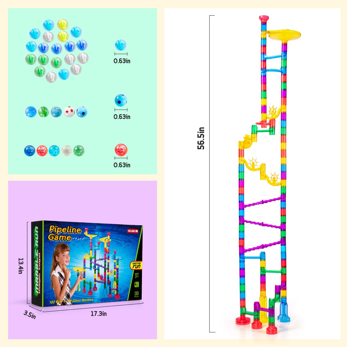 Meland Marble Run - 132 Pcs Marble Maze Kit for Kids 3-12 | Glow & Translucent Pieces