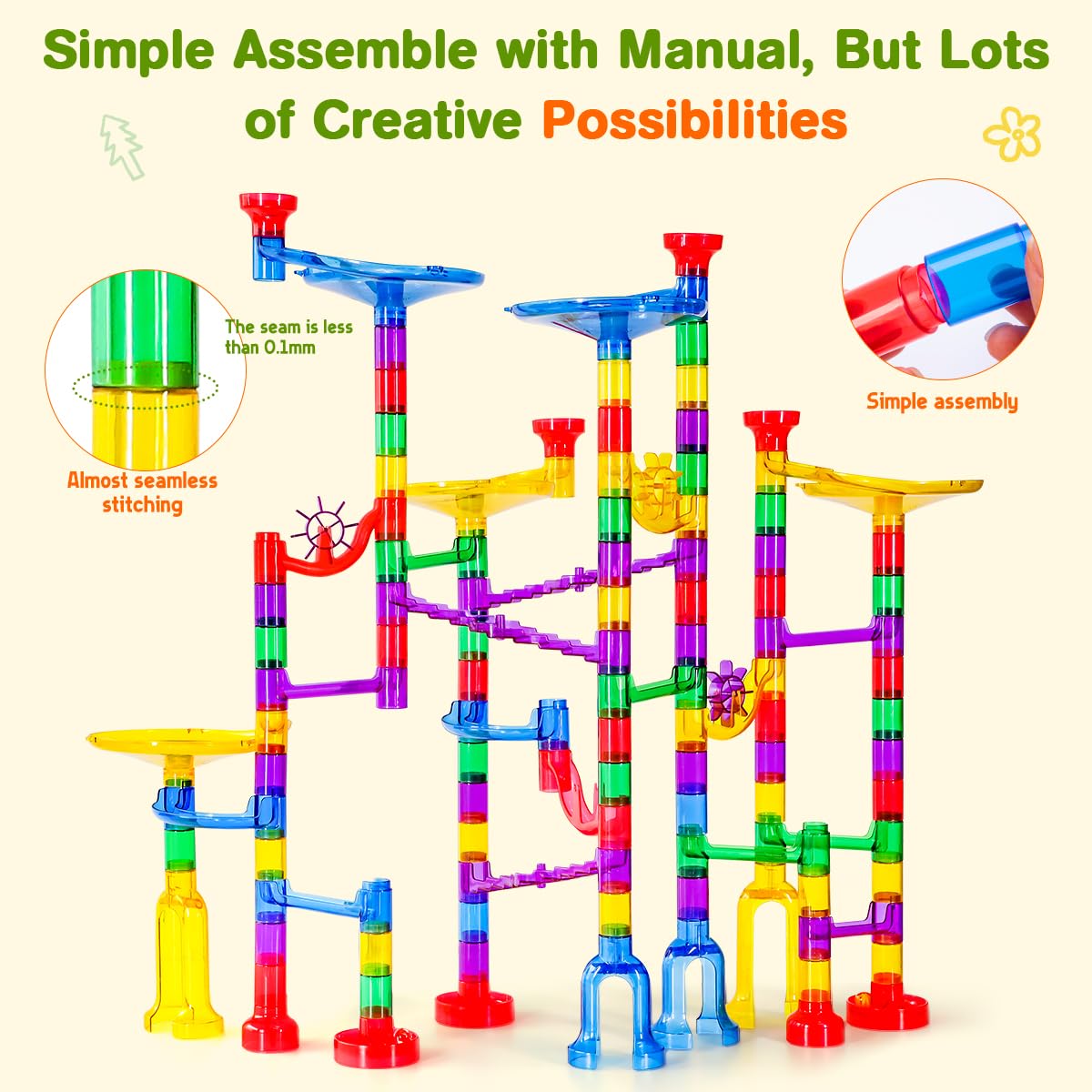 Meland Marble Run - 132 Pcs Marble Maze Kit for Kids 3-12 | Glow & Translucent Pieces