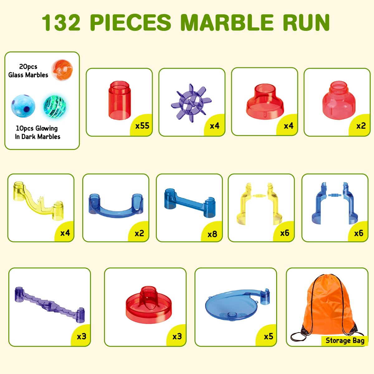 Meland Marble Run - 132 Pcs Marble Maze Kit for Kids 3-12 | Glow & Translucent Pieces