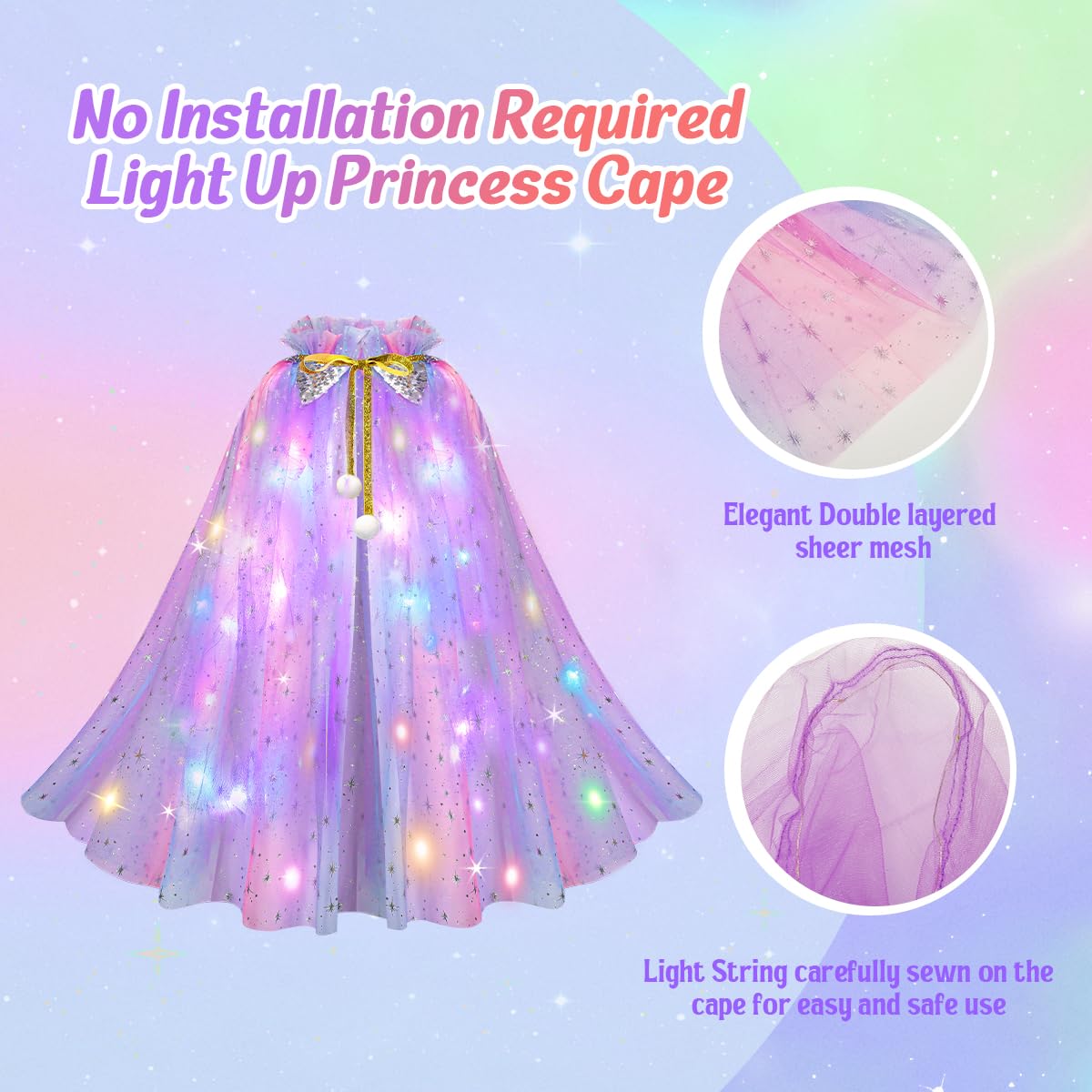 Meland Princess Dress Up Cape Set with Light Up Cape, Crown & Tutu | Girls Dress Up Toys 3-8