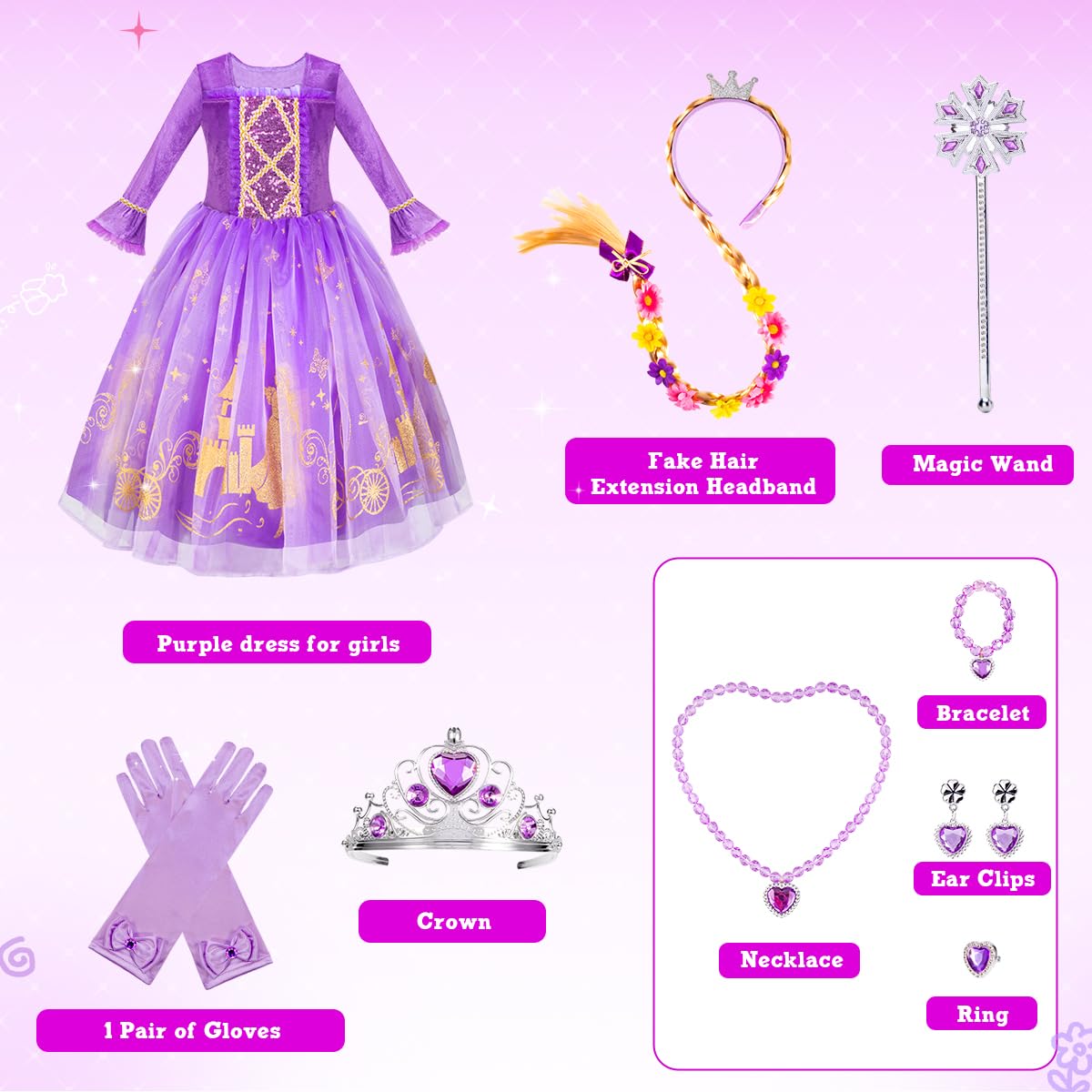 Meland Princess Dress Up for Girls 3-8 | Purple Velvet Costume & Accessories