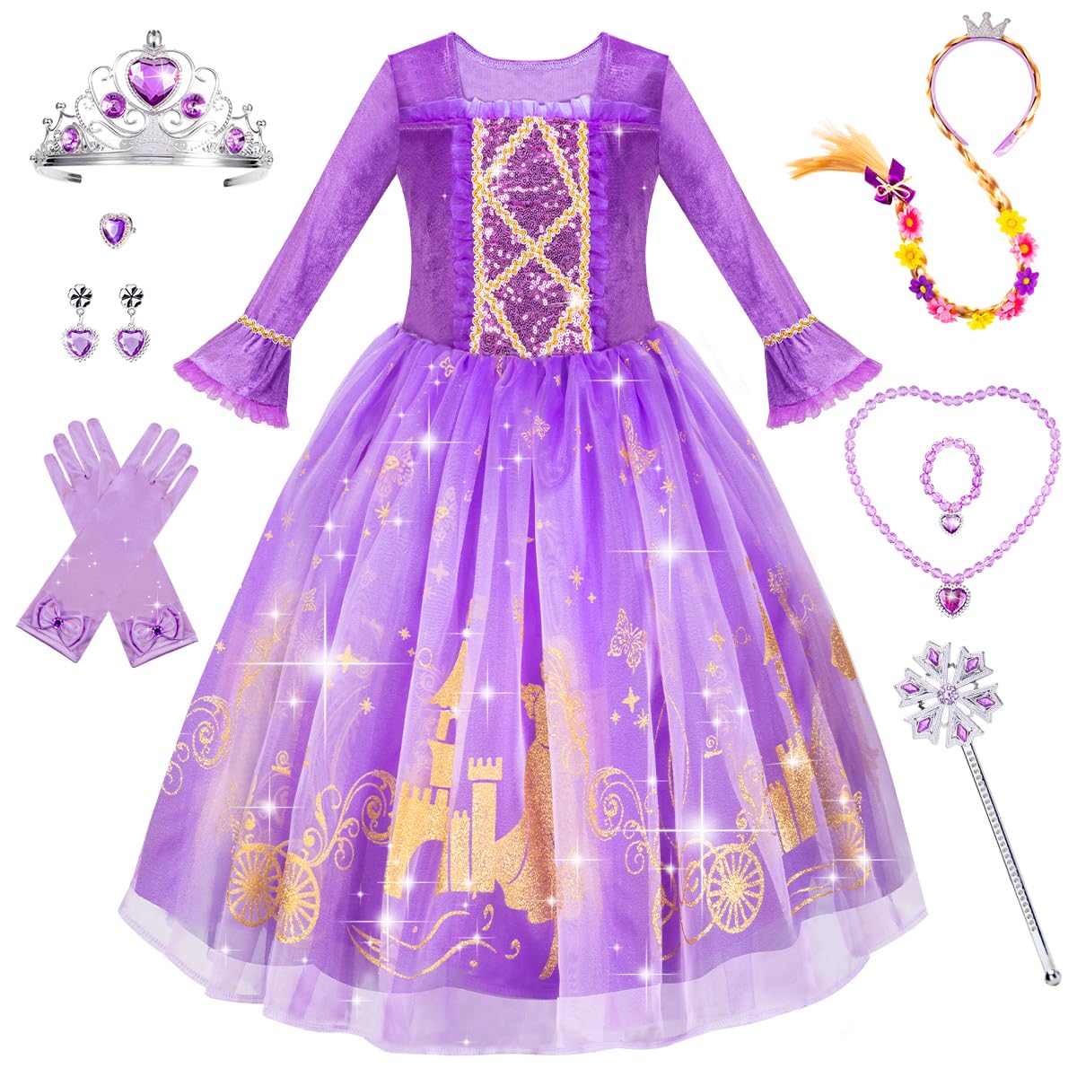 Meland Princess Dress Up for Girls 3-8 | Purple Velvet Costume & Accessories