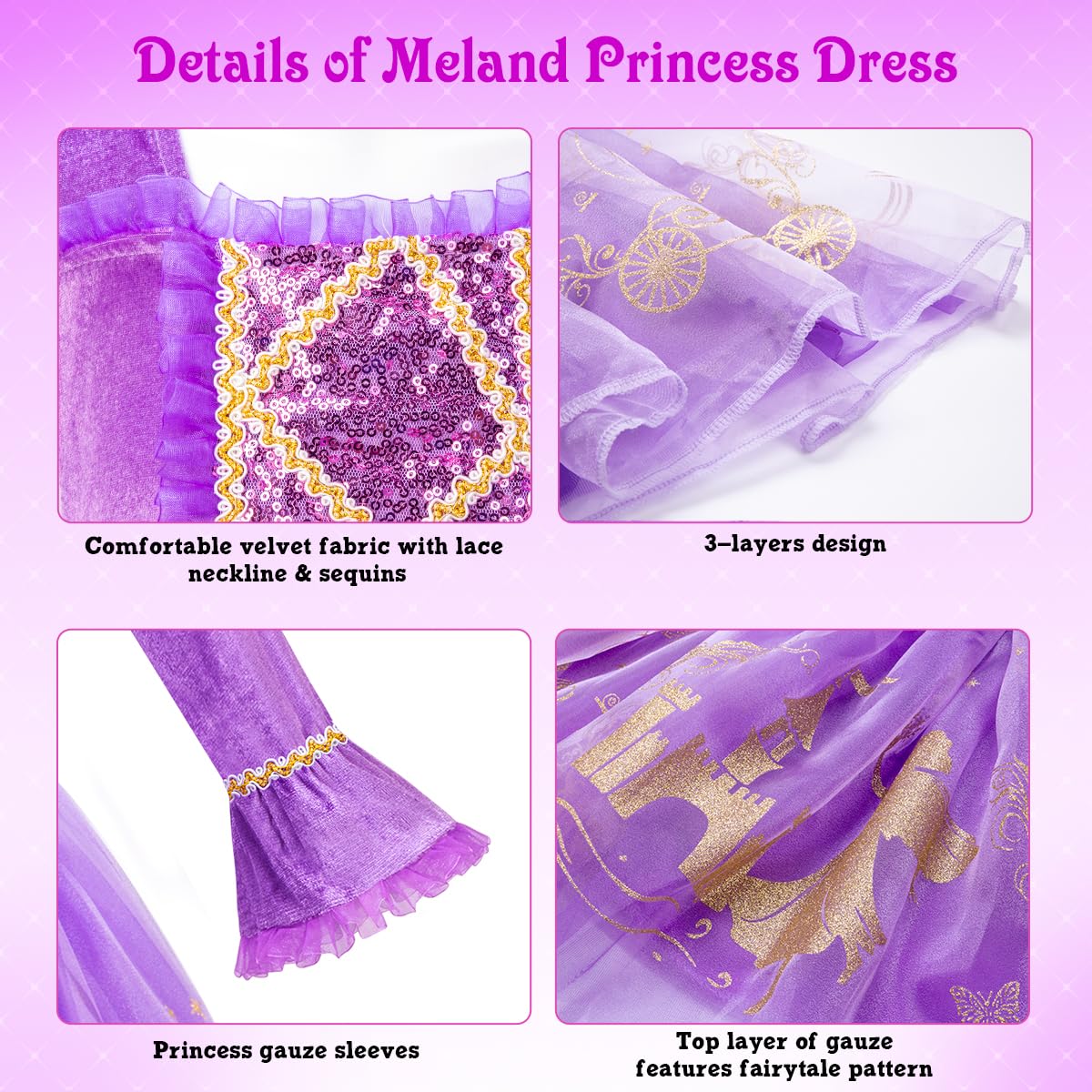 Meland Princess Dress Up for Girls 3-8 | Purple Velvet Costume & Accessories