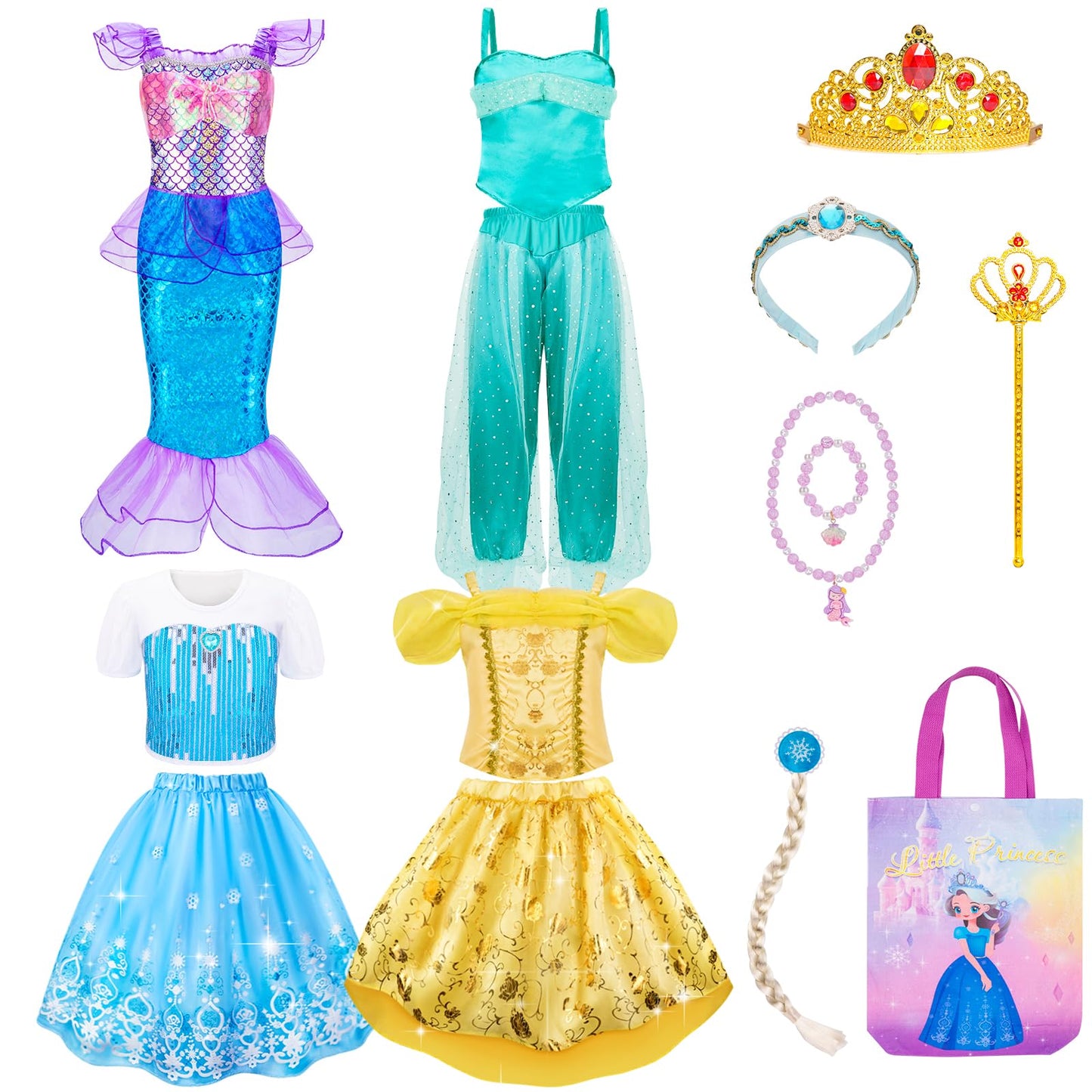 Meland Princess Dress Up Set for Girls 3-8 | 4 Outfits & Accessories
