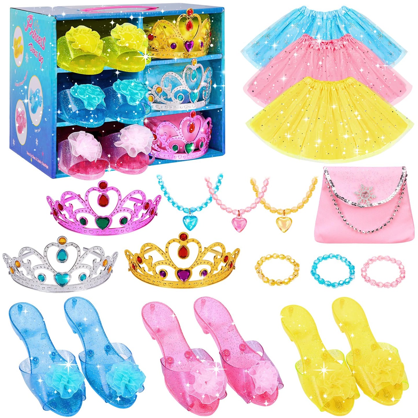 Meland Princess Dress Up Set for Girls (Ages 3–6) – 3 Skirts, 3 Shoes, LED Lights