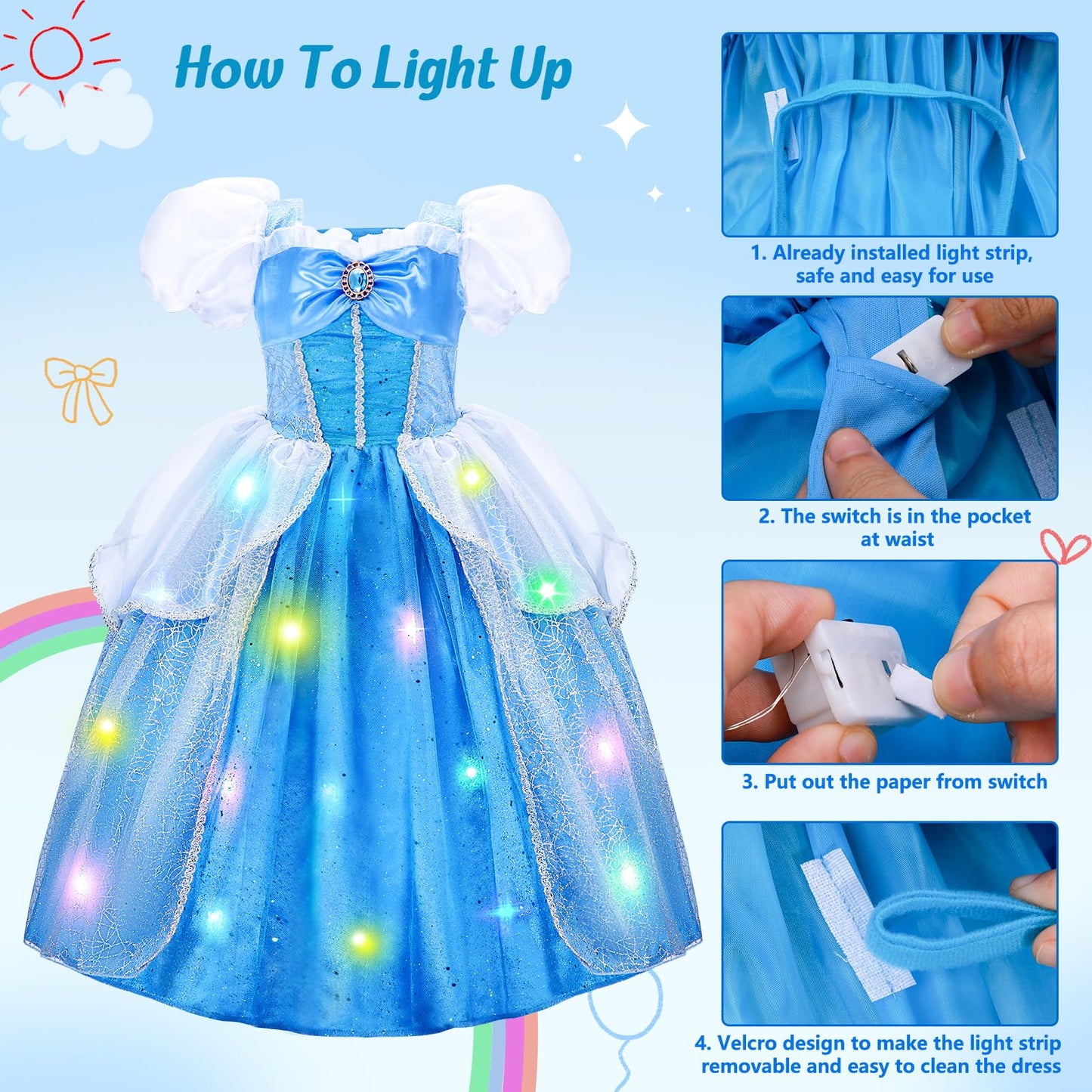 Meland Princess Dress Up for Girls – Light-Up Costume (Ages 3–10)