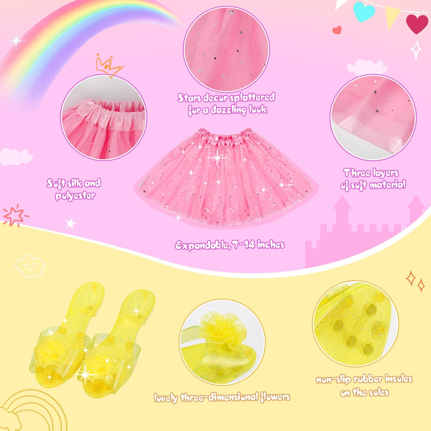 Meland Princess Dress Up Set for Girls (Ages 3–6) – 3 Skirts, 3 Shoes, LED Lights