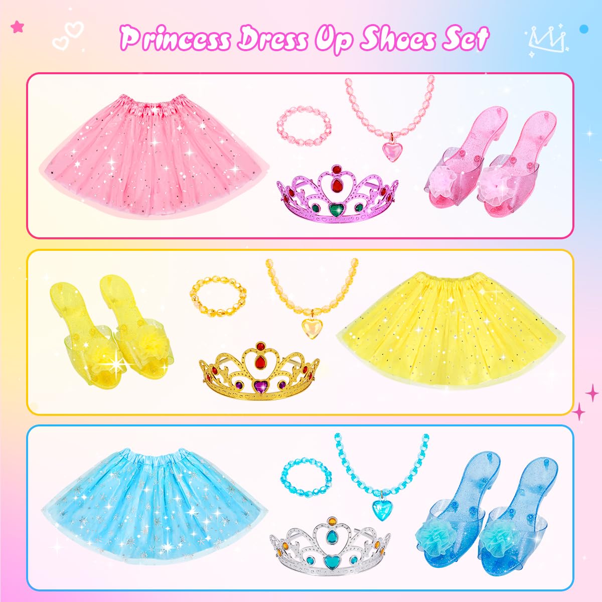 Meland Princess Dress Up Set for Girls (Ages 3–6) – 3 Skirts, 3 Shoes, LED Lights