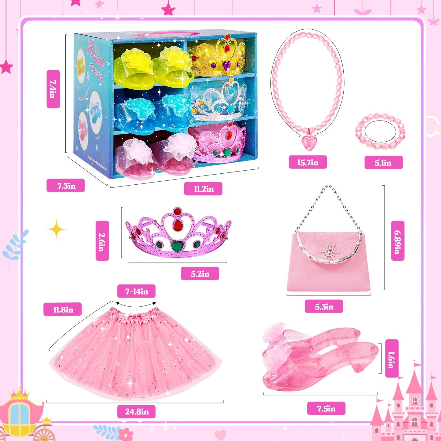 Meland Princess Dress Up Set for Girls (Ages 3–6) – 3 Skirts, 3 Shoes, LED Lights