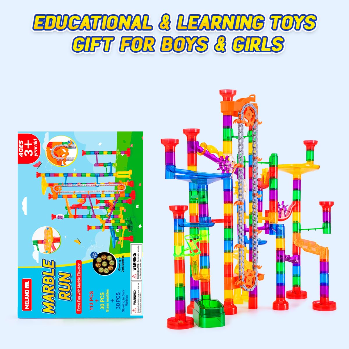 Meland 247Pcs Marble Run with Motorized Elevator – STEM Building Toy