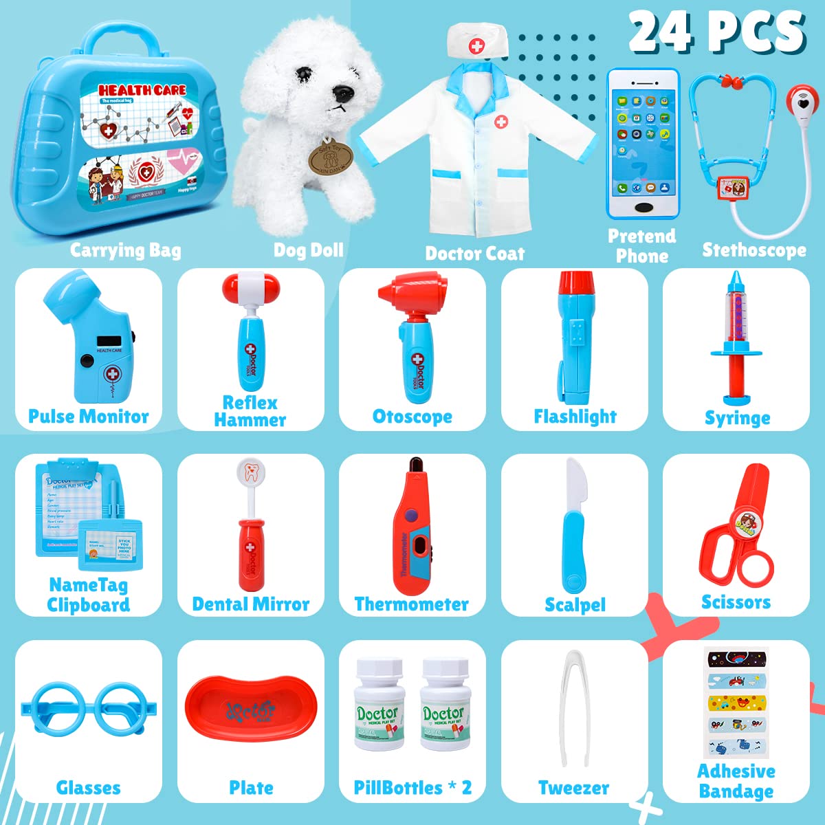 Meland Toy Doctor Kit for Kids - Pretend Play Set with Case, Stethoscope, Costume