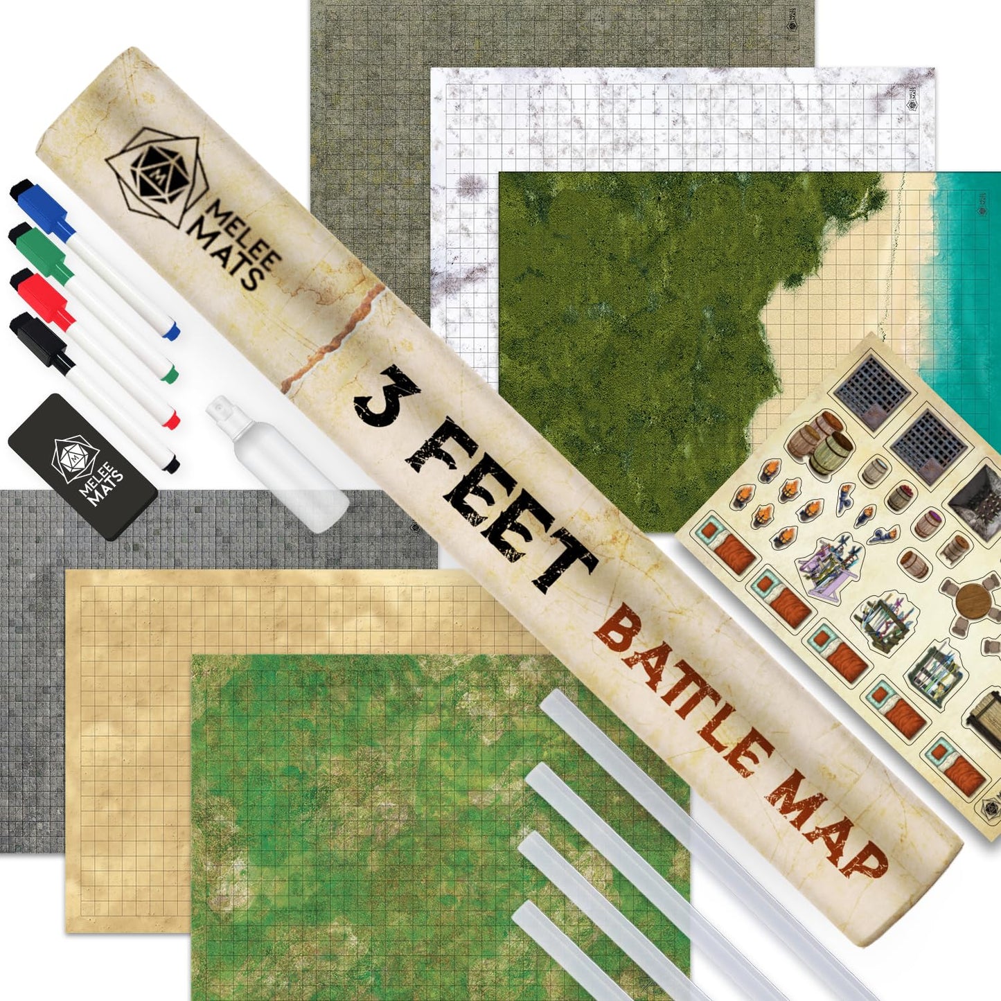 Melee Mats DND Map Starter Set – 24x36, 3-Pack, Double-Sided Wet & Dry Erase Battle Mats + Accessories