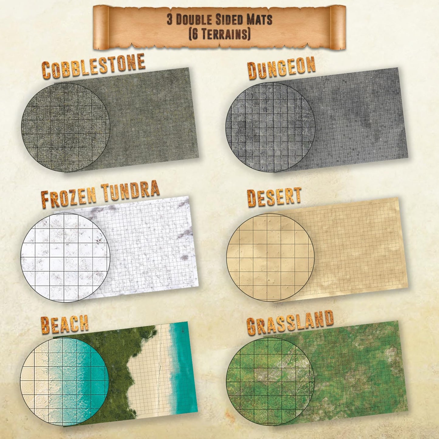 Melee Mats DND Map Starter Set – 24x36, 3-Pack, Double-Sided Wet & Dry Erase Battle Mats + Accessories