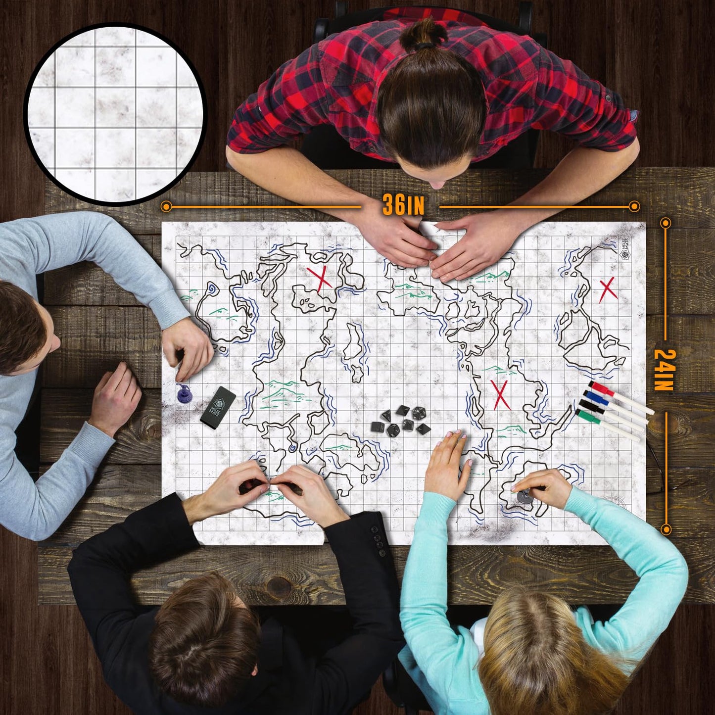 Melee Mats DND Map Starter Set – 24x36, 3-Pack, Double-Sided Wet & Dry Erase Battle Mats + Accessories