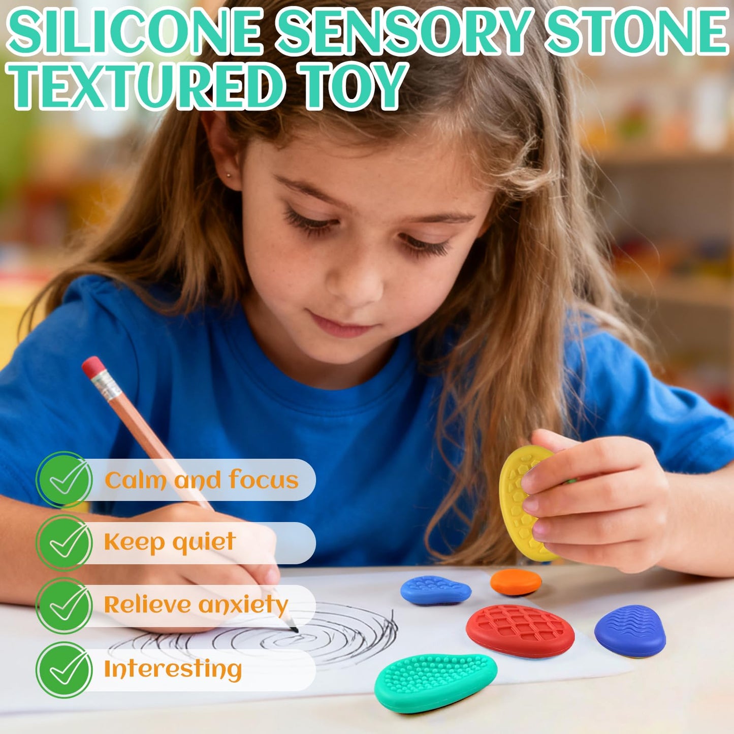 Melearch Fidget Toys Sensory Stone Set — 6 Silicone Textured Worry Stones for Focus and Calm