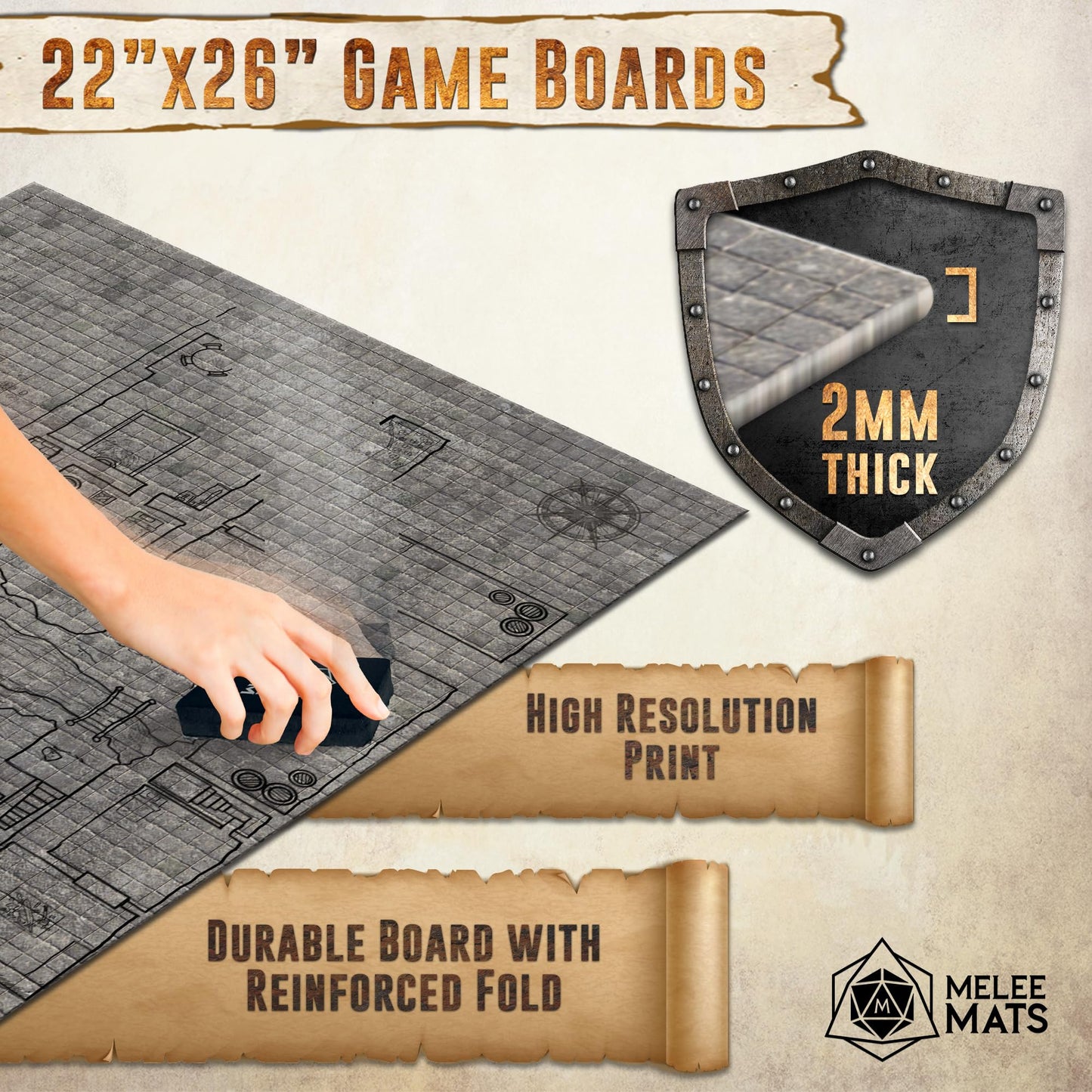 Melee Mats DND Map Starter Set — 22x26 Inches, Double-Sided Wet & Dry Erase Battle Grid for D&D