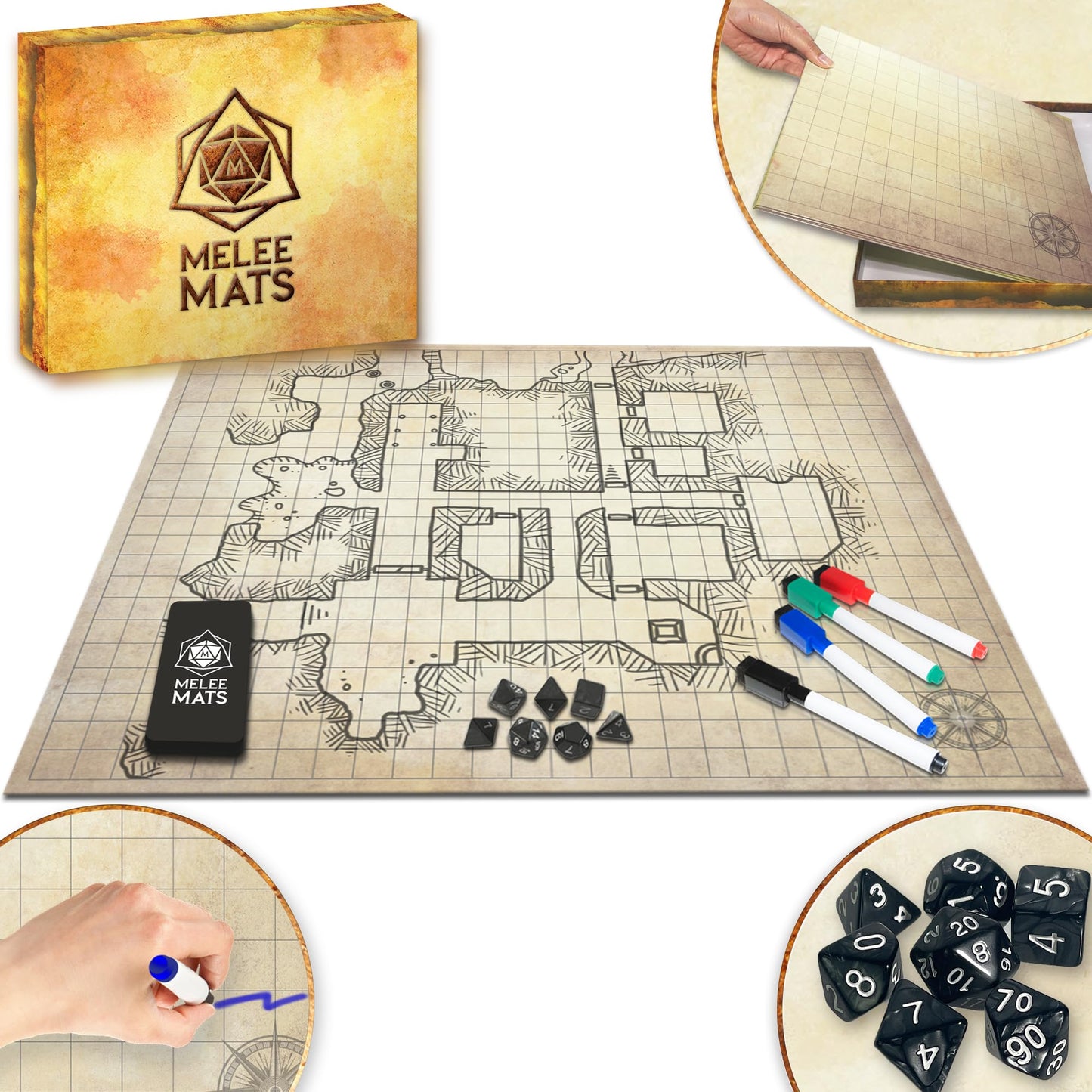 Melee Mats DND Map Starter Set – 23” x 27” Double-Sided Wet & Dry Erase Battle Grid + Accessories