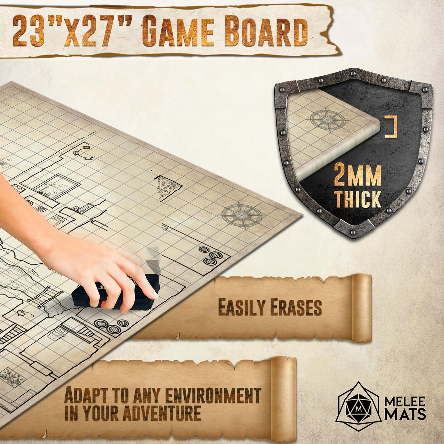 Melee Mats DND Map Starter Set – 23” x 27” Double-Sided Wet & Dry Erase Battle Grid + Accessories