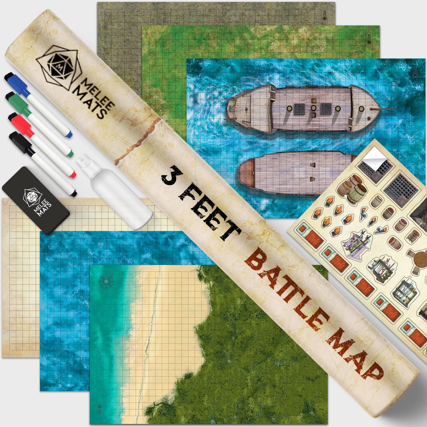 Melee Mats DND Map Starter Set – 3 Double-Sided 24x36 Battle Mats with Accessories