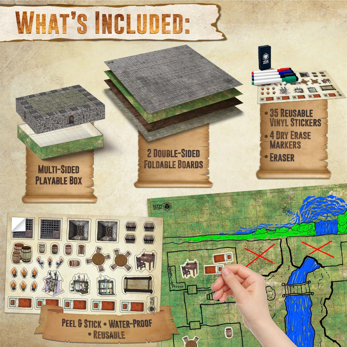 Melee Mats DND Map Starter Set — 22x26 Inches, Double-Sided Wet & Dry Erase Battle Grid for D&D
