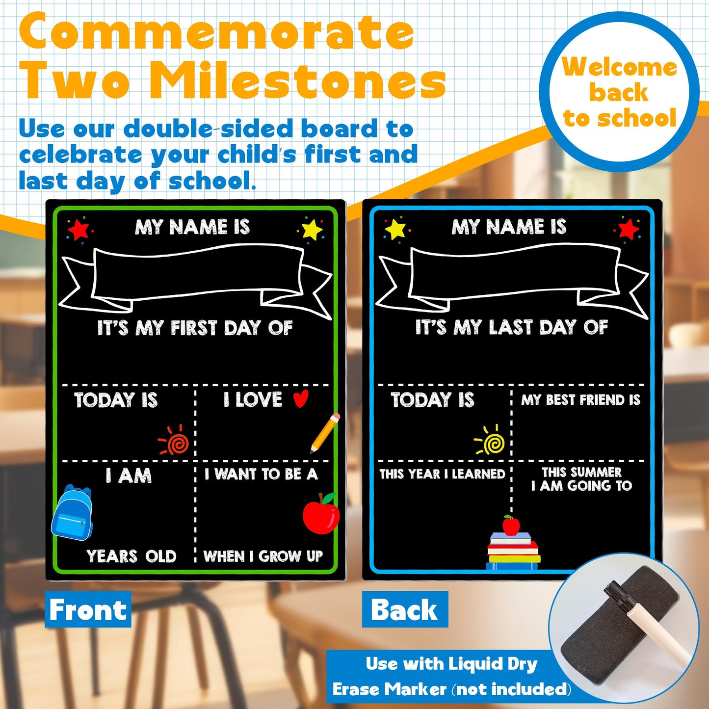 Melisheer First Day of School Chalkboard – Reusable 14x11 Dual-Sided Sign